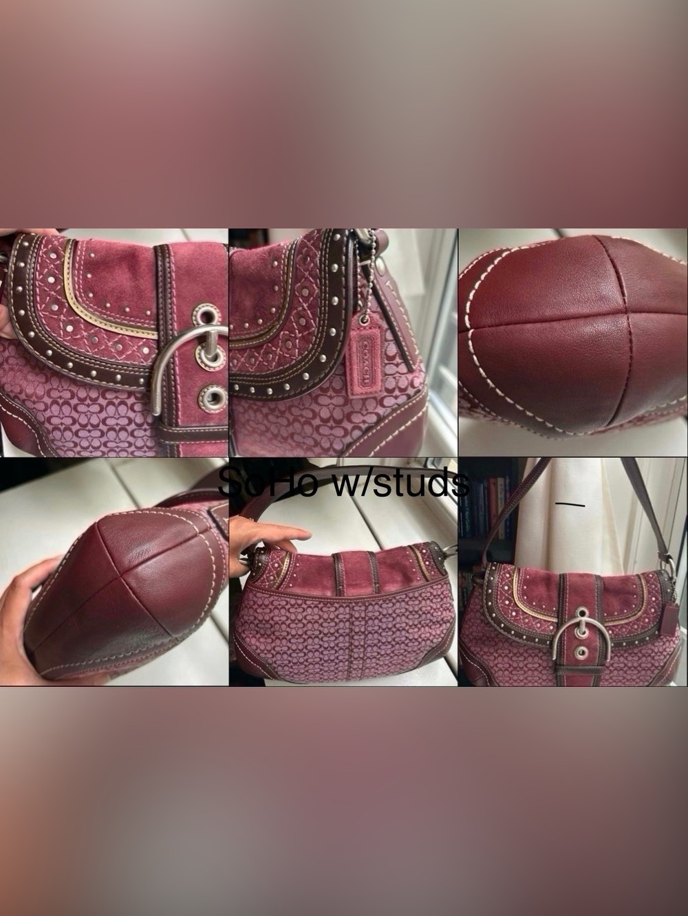 Coach Soho Flap RARE Plum/Burgundy Suede & Mini C Shoulder Bag with Studs - Picture 6 of 8